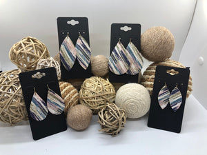 Blues, Pink, and Green Variegated Stripes on White Cork Leather Earrings