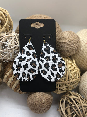 White Leather with a Black and Brown Leopard Print Earrings