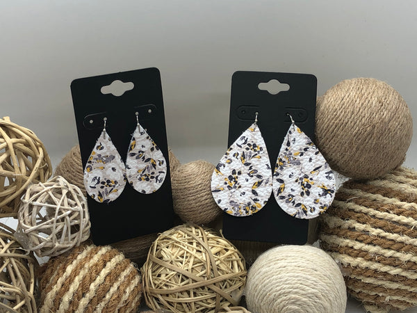 Whites and Grays Flower Printed Leather Earrings