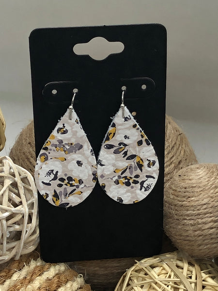 Whites and Grays Flower Printed Leather Earrings