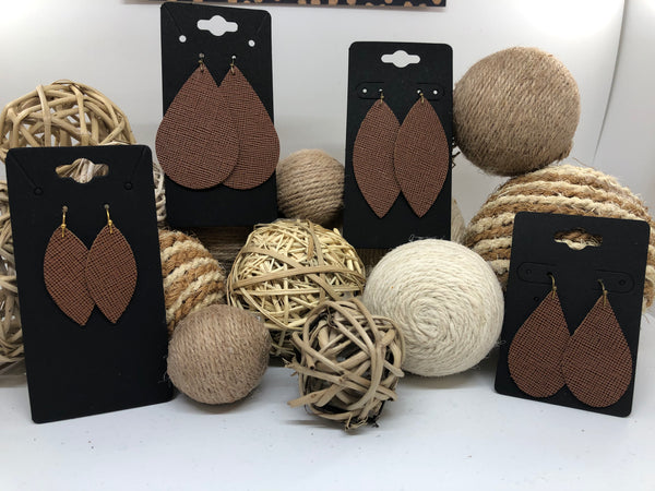 Light brown or Cognac Leather Earrings with a Saffiano Texture Finish