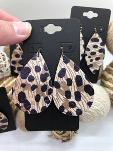 Tan and Taupe with Black Spots Cheetah Print Leather Earrings