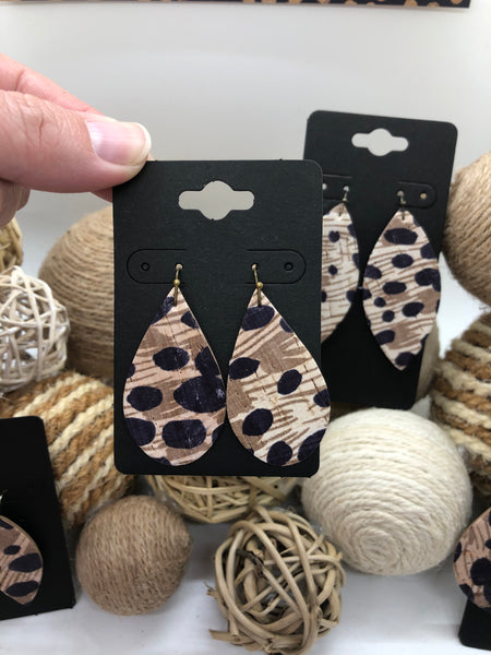 Tan and Taupe with Black Spots Cheetah Print Leather Earrings