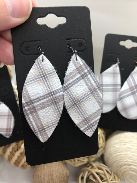 White Leather with Taupe and Gray Plaid Leather Earrings