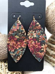 Pink and Blue Flowers Printed on Cork Leather Earrings