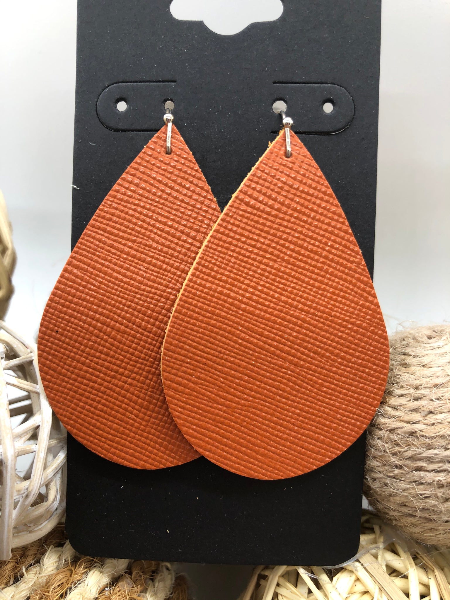 Dark Orange Saffiano Leather Earrings