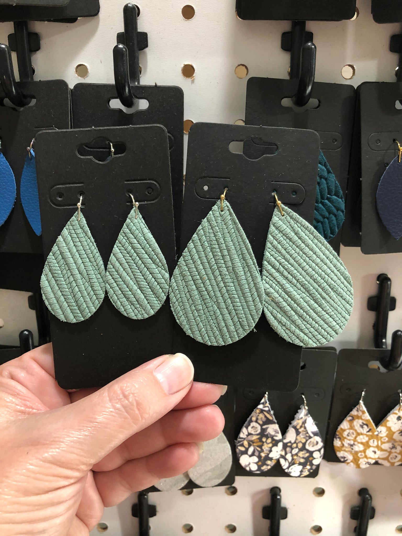 Light Sage Green Palm Leaf Textured Leather Earrings