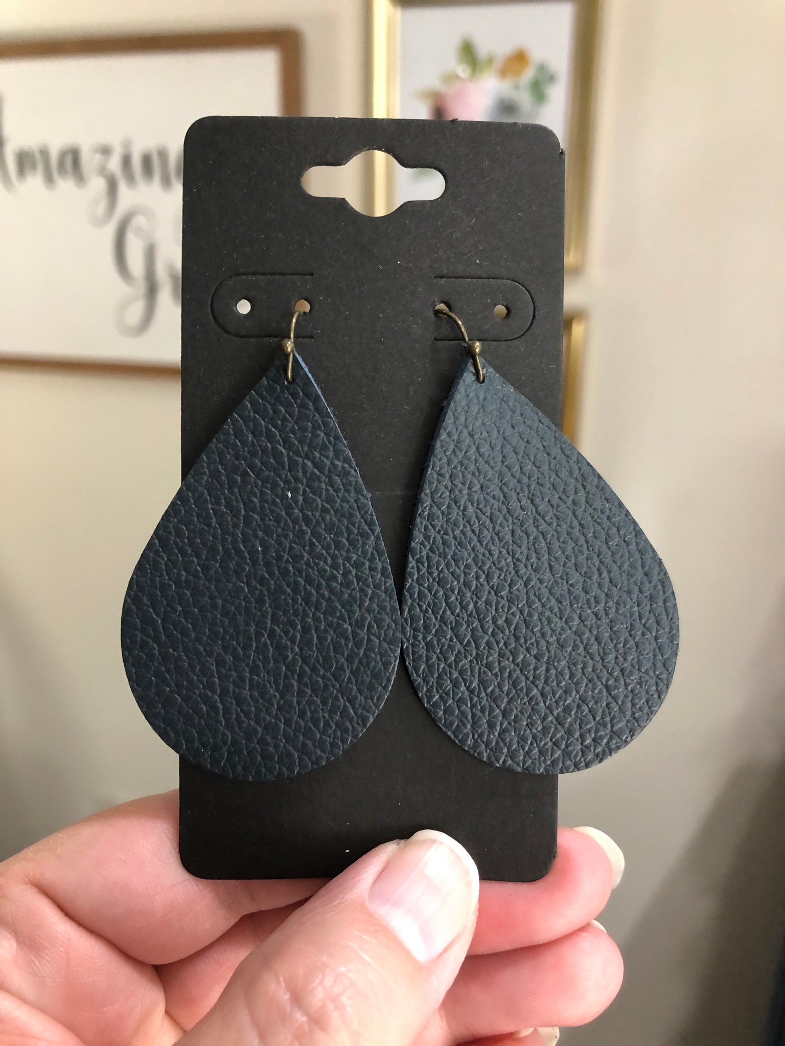 Navy Blue Pebbled Leather Earrings