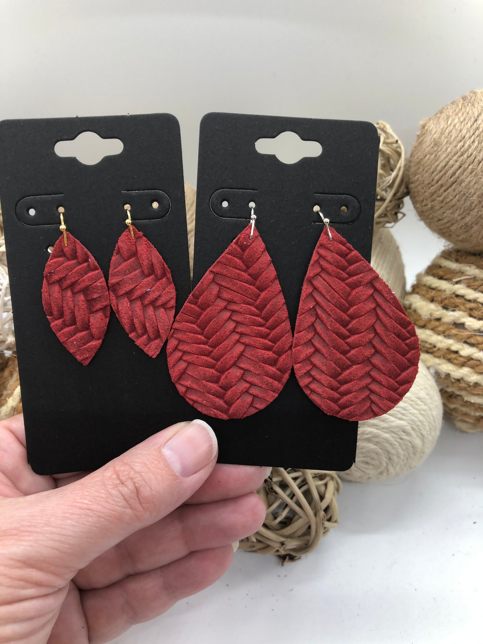Rich Dark Red Fishtail Textured Leather Earrings