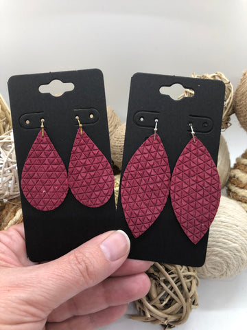 Cranberry Pink Triangle Textured Leather Earrings