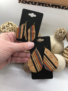 Multi-colored Stripes on Tan Cork Leather Earrings