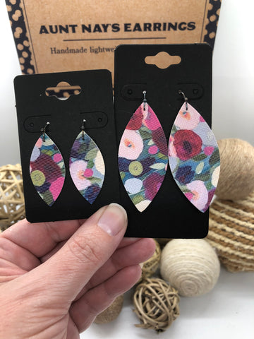 Blue and Pink Flower Printed Faux Leather Earrings