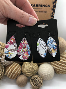 White Leather Earrings with Blues Pinks Greens and Silver
