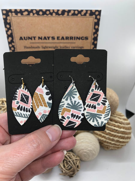 White Leather Earrings with Pink Green Black and Tan