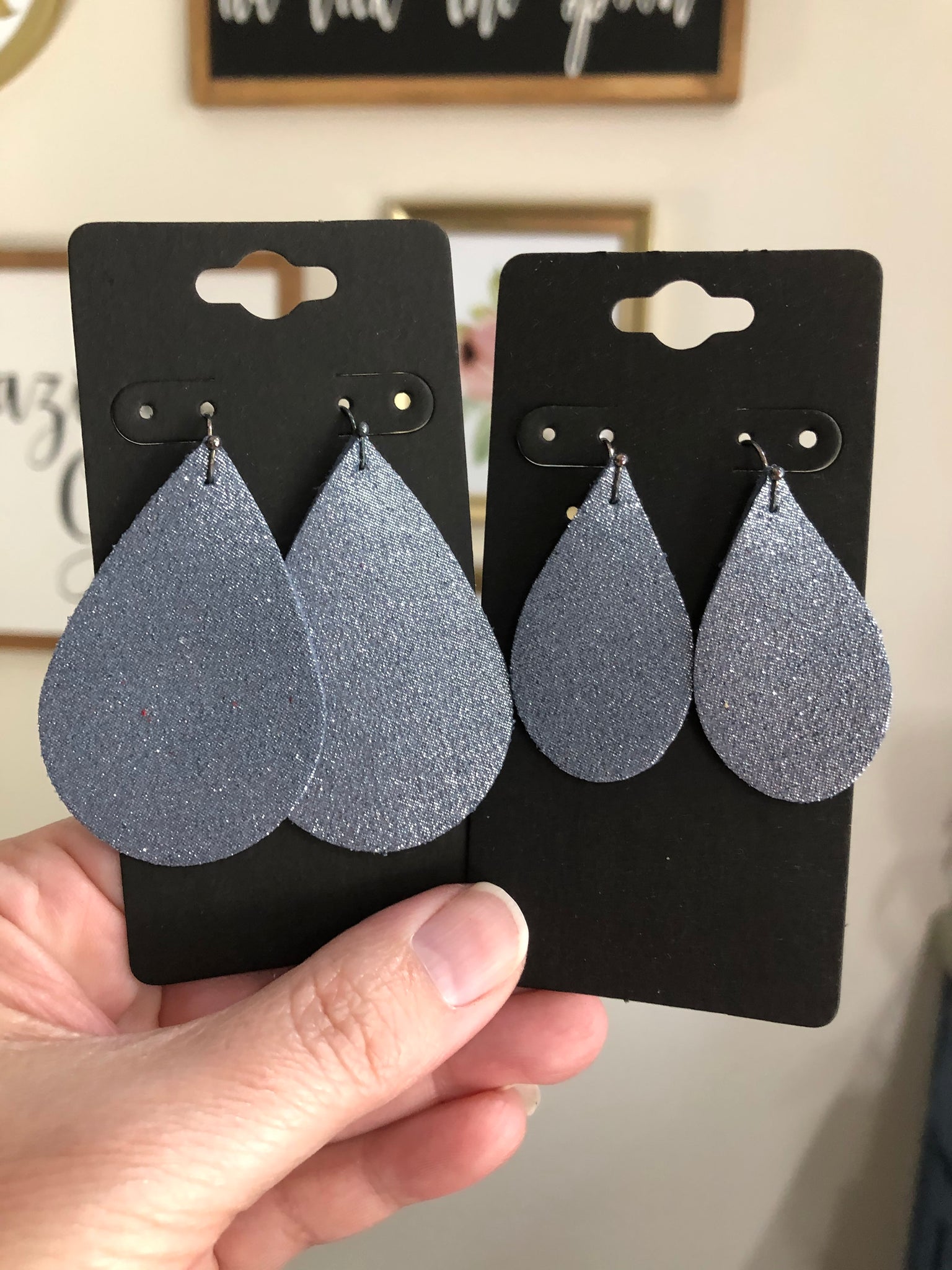 Denim Blue Leather with Silver Dazzle Textured Earrings