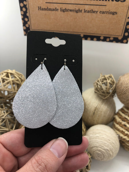 White Leather with Silver Dazzle Textured Earrings