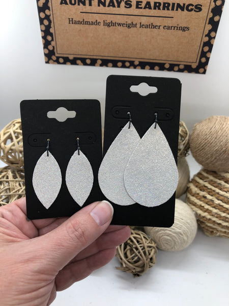 White Leather with Pearly Iridescent Dazzle Textured Earrings