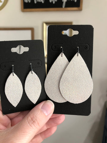 White Leather with Pearly Iridescent Dazzle Textured Earrings