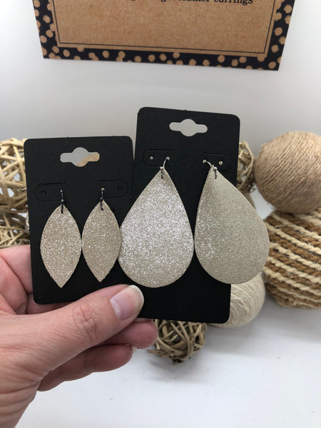 Light Taupe or Creamy Beige Leather with Silver Dazzle Textured Earrings