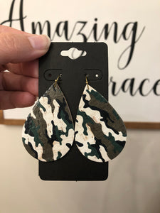 White Green and Black Camo on Cork Earrings