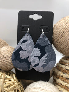 Navy Blue and Silver Camo Leather Earrings