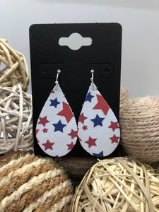 White Leather with Red and Blue Stars Earrings