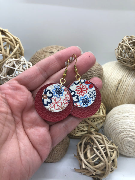 Layered Red and Flowered Circles Leather Earrings