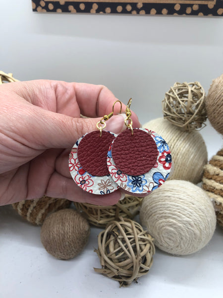 Layered Red and Flowered Circles Leather Earrings