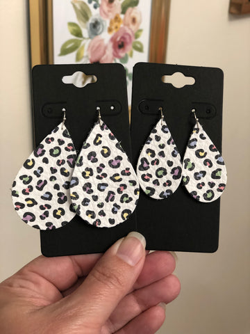 Multi-colored Pastel and Black Leopard Print on White Leather Earrings