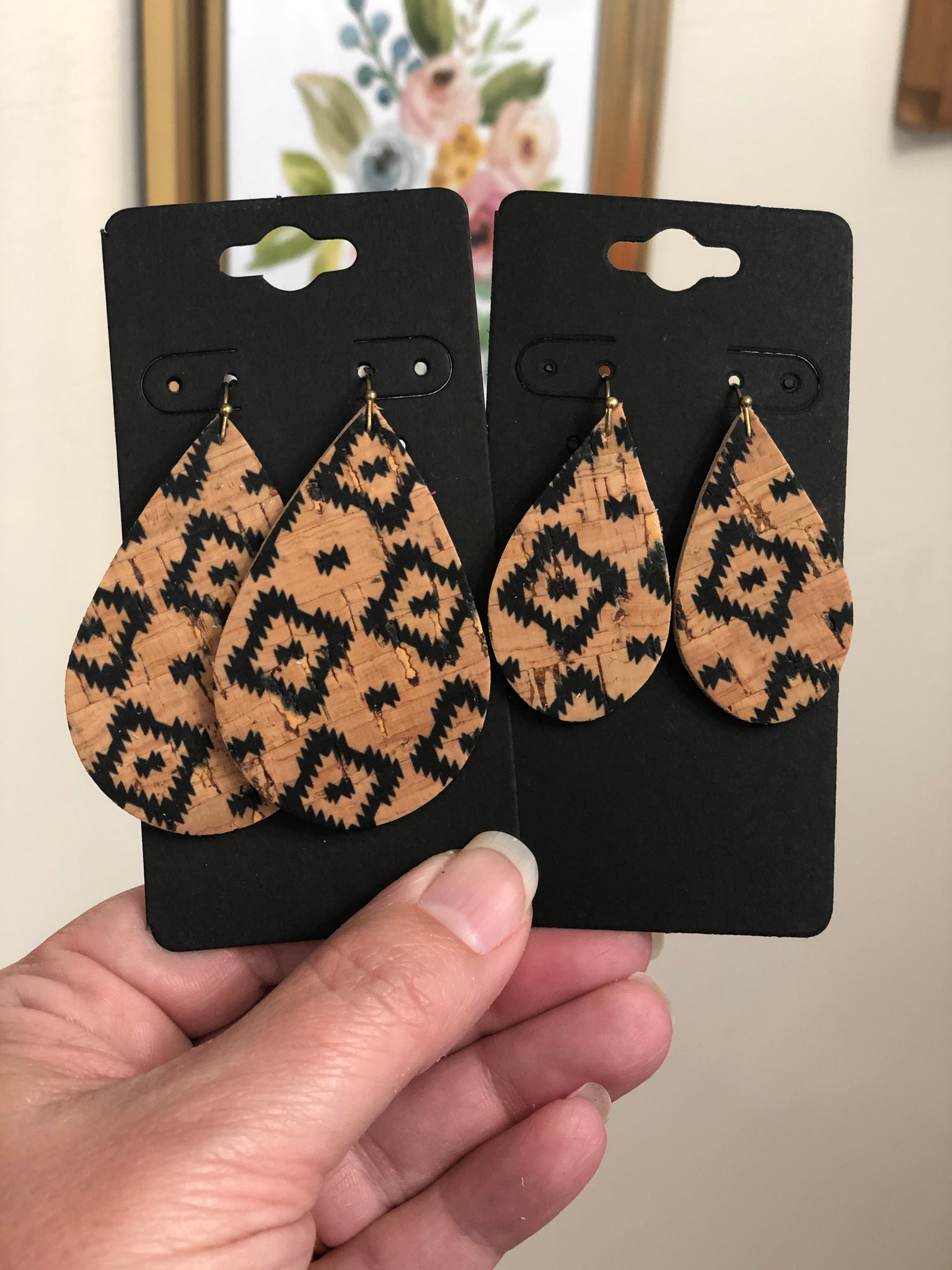 Basic Tan Cork with a Black Aztec Print on Leather Earrings