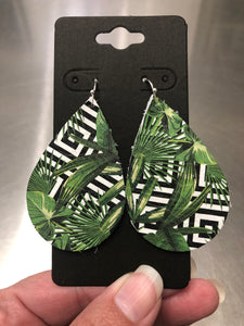 Green Palm Leaf Print on a Black and White Geometric Background Leather Earrings