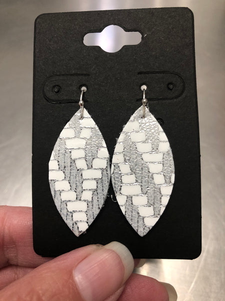 White and Silver Chevron Print Leather Earrings