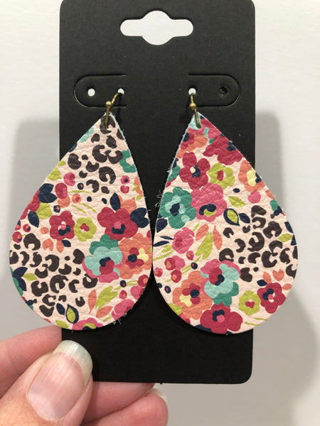 Cream Leather with Flowers and Leopard Print Leather Earrings