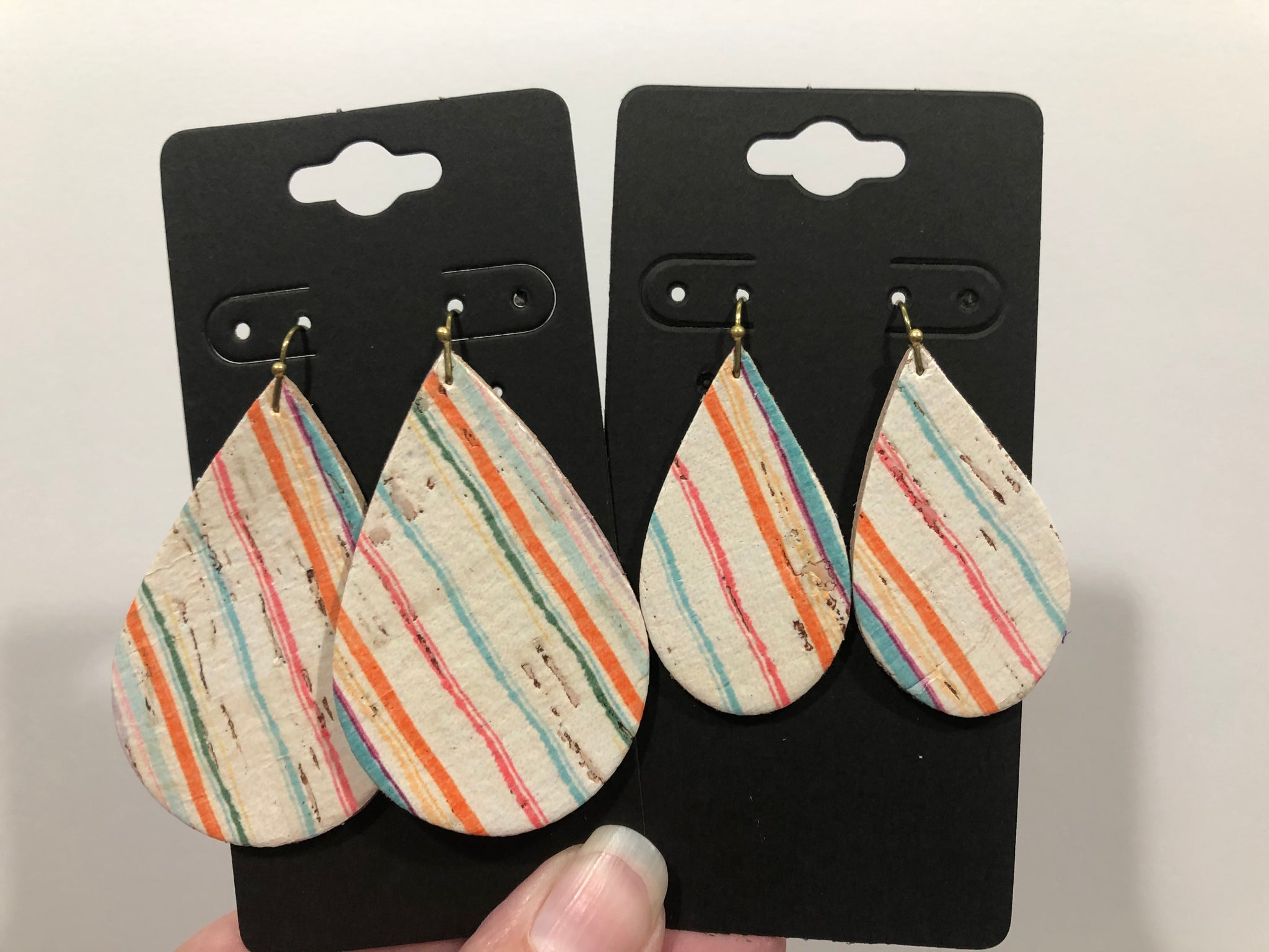 Wavy Pastel Stripes on White Cork Leather Earrings
