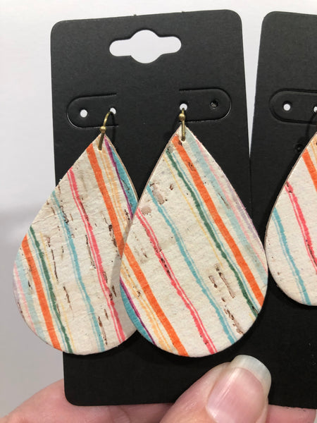 Wavy Pastel Stripes on White Cork Leather Earrings