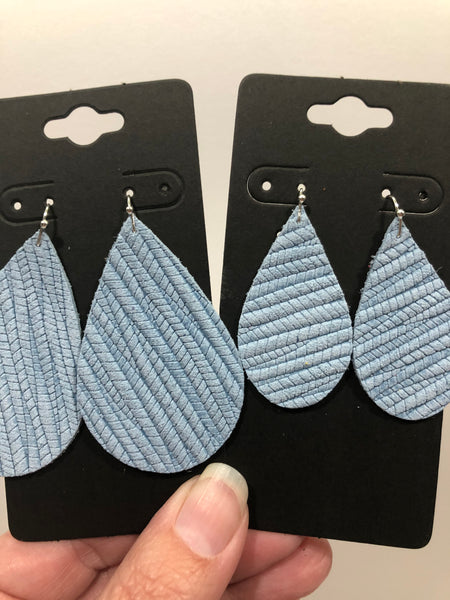 Light Blue Palm Leaf Leather Earrings