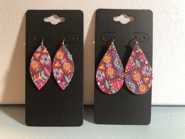 Pink and Blue Aztec Tribal Print Leather Earrings