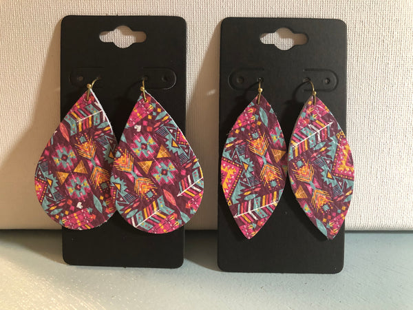 Pink and Blue Aztec Tribal Print Leather Earrings
