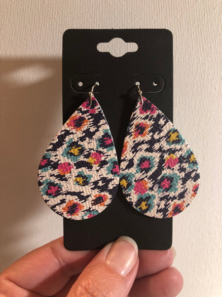 White Pink Blue Yellow and Orange Abstract Geometric Print Leather Earrings