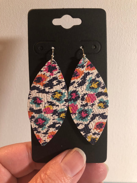 White Pink Blue Yellow and Orange Abstract Geometric Print Leather Earrings