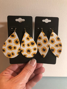 White Leather with Sunflowers Leather Earrings