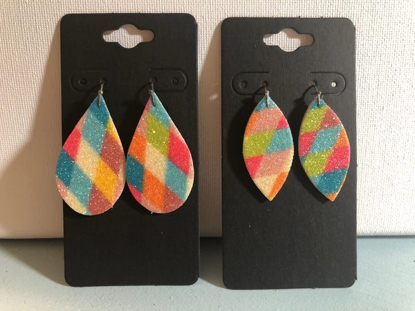 Bright Colored Fine Glitter in a Diamond Print on Cork and Leather Earring