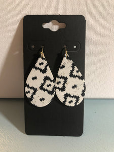 White Cork with a Black Aztec Tribal Print on Leather Earrings