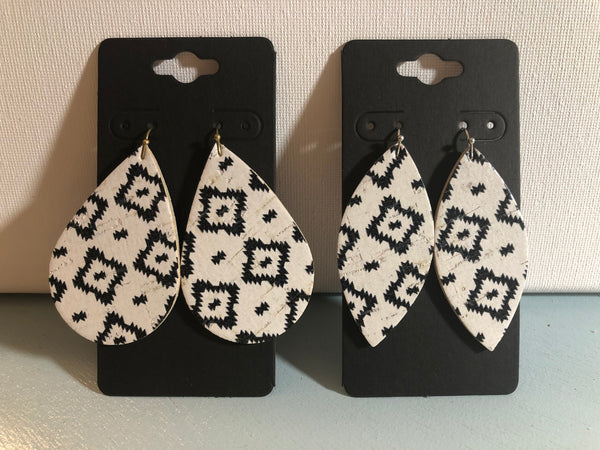 White Cork with a Black Aztec Tribal Print on Leather Earrings