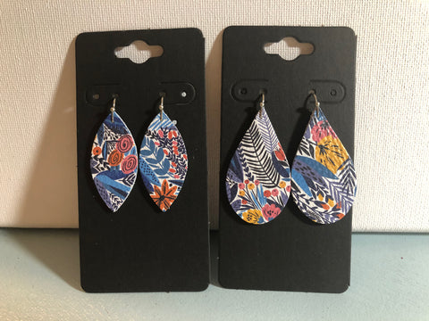 White with Blue Leaves and Pink Yellow and Orange Flowers printed on Leather Earrings