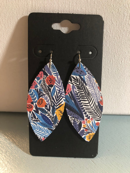 White with Blue Leaves and Pink Yellow and Orange Flowers printed on Leather Earrings