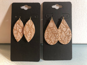 Tan Cork with a Dainty White Flower Print on Leather Earrings