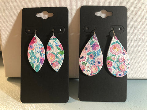 White with Pretty Pinks Blues and Greens Flower Print on Leather Earrings