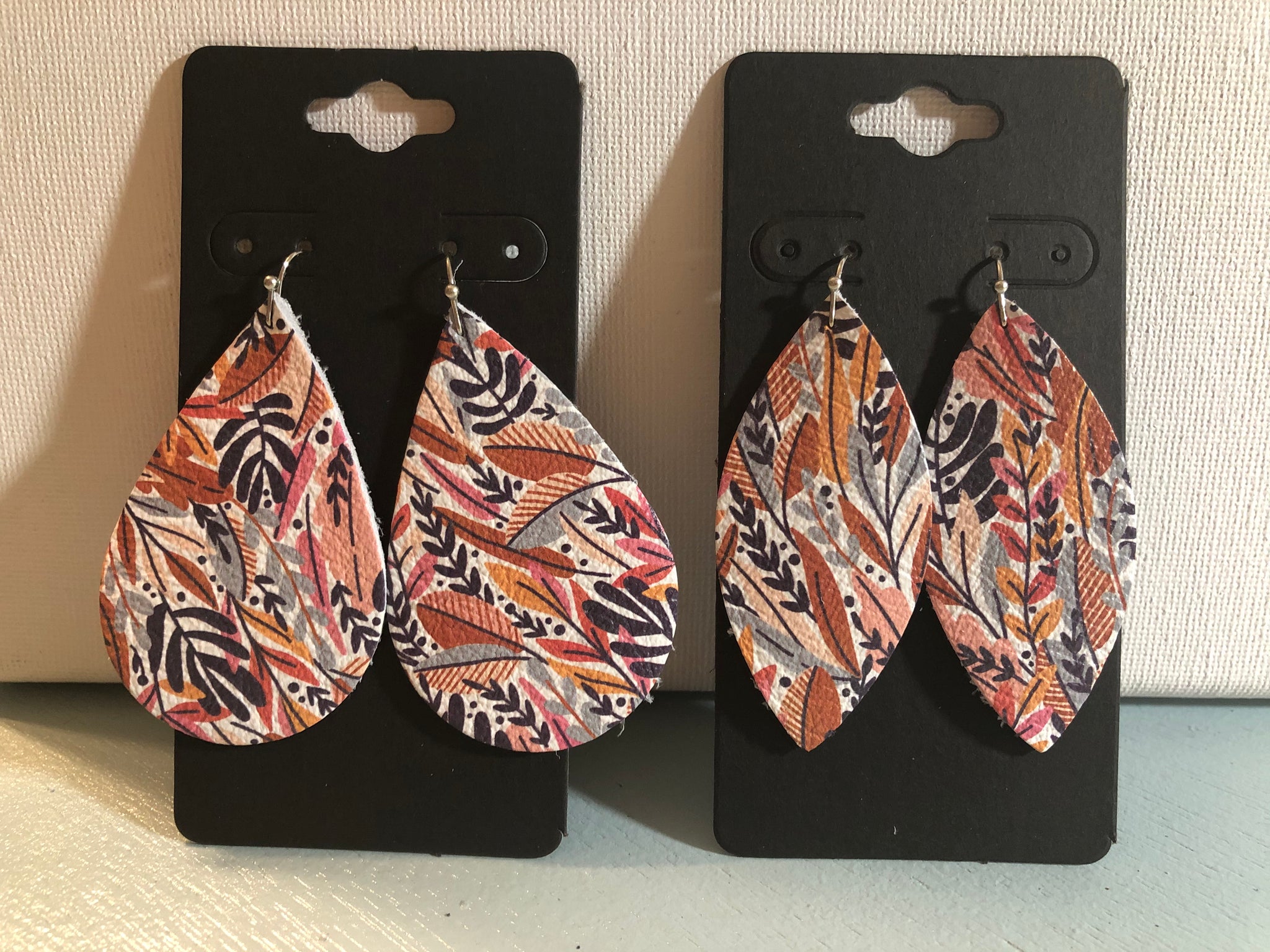 Fall Leaf Print in Rust Mustard Yellow Pink Gray and Plum Leather Earrings