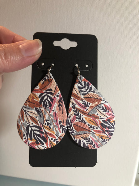 Fall Leaf Print in Rust Mustard Yellow Pink Gray and Plum Leather Earrings